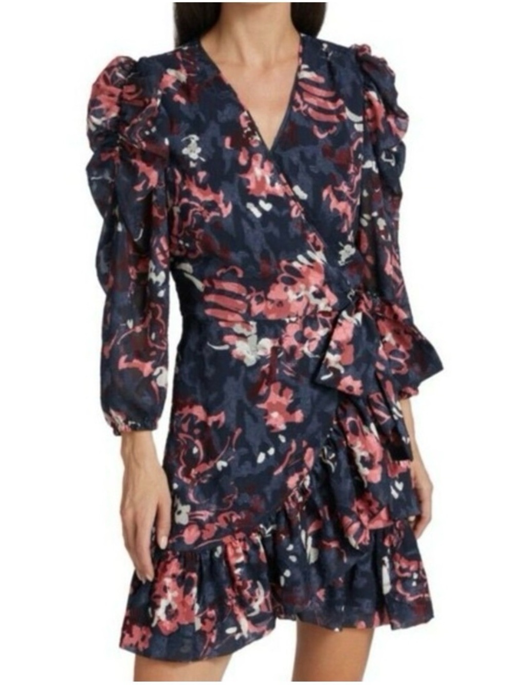 Tanya Taylor Navy Wrap Dress with Pink Floral Print